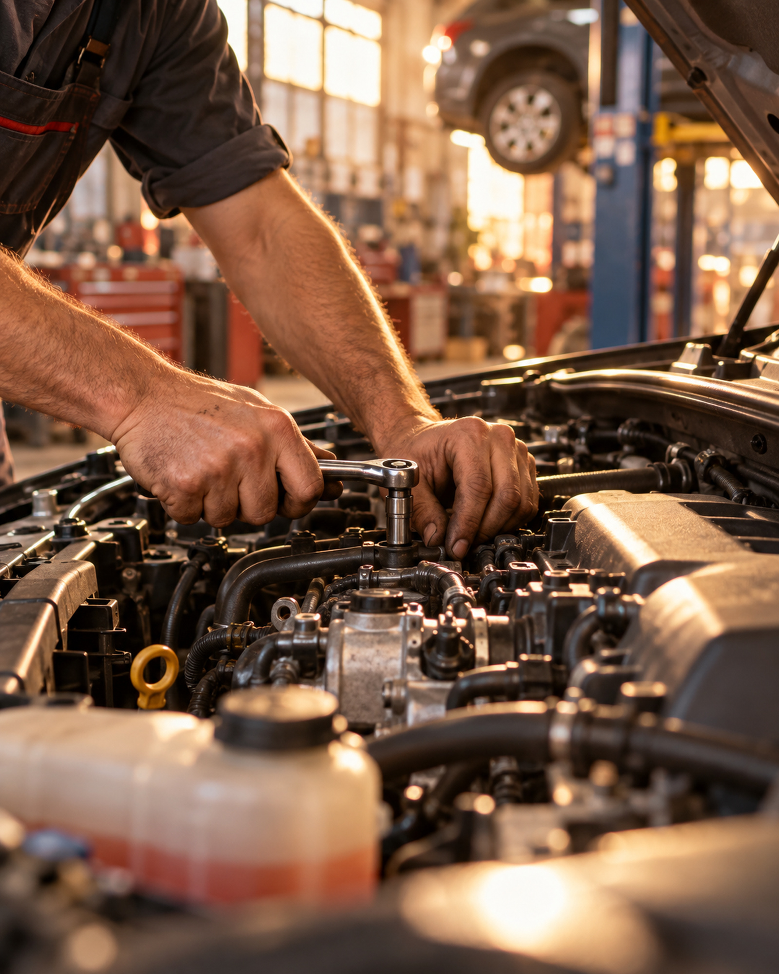 mains sur un moteur, tons chauds